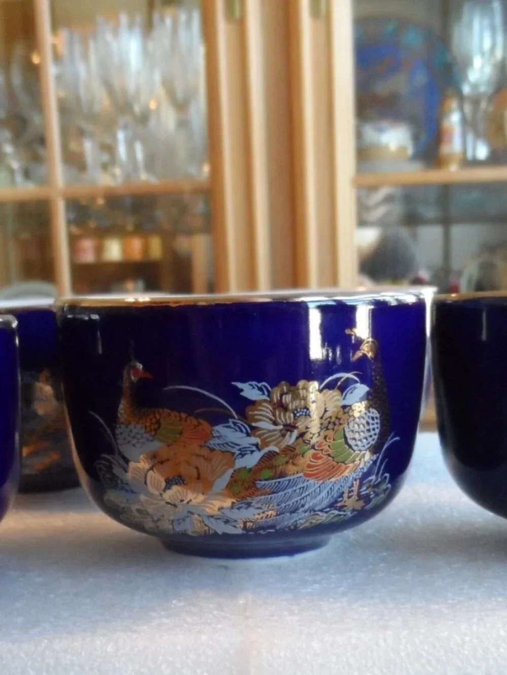 Japanese Cobalt Blue Teapot + 5 Cups Peacock/Floral/Gold Trim Bamboo Handle VTG